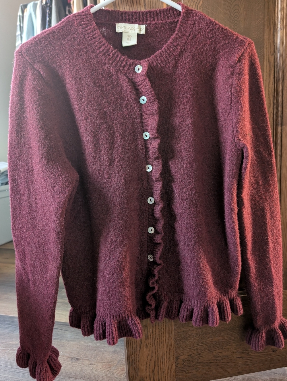 Burgundy Ruffle-Edge Button Cardigan Size Small